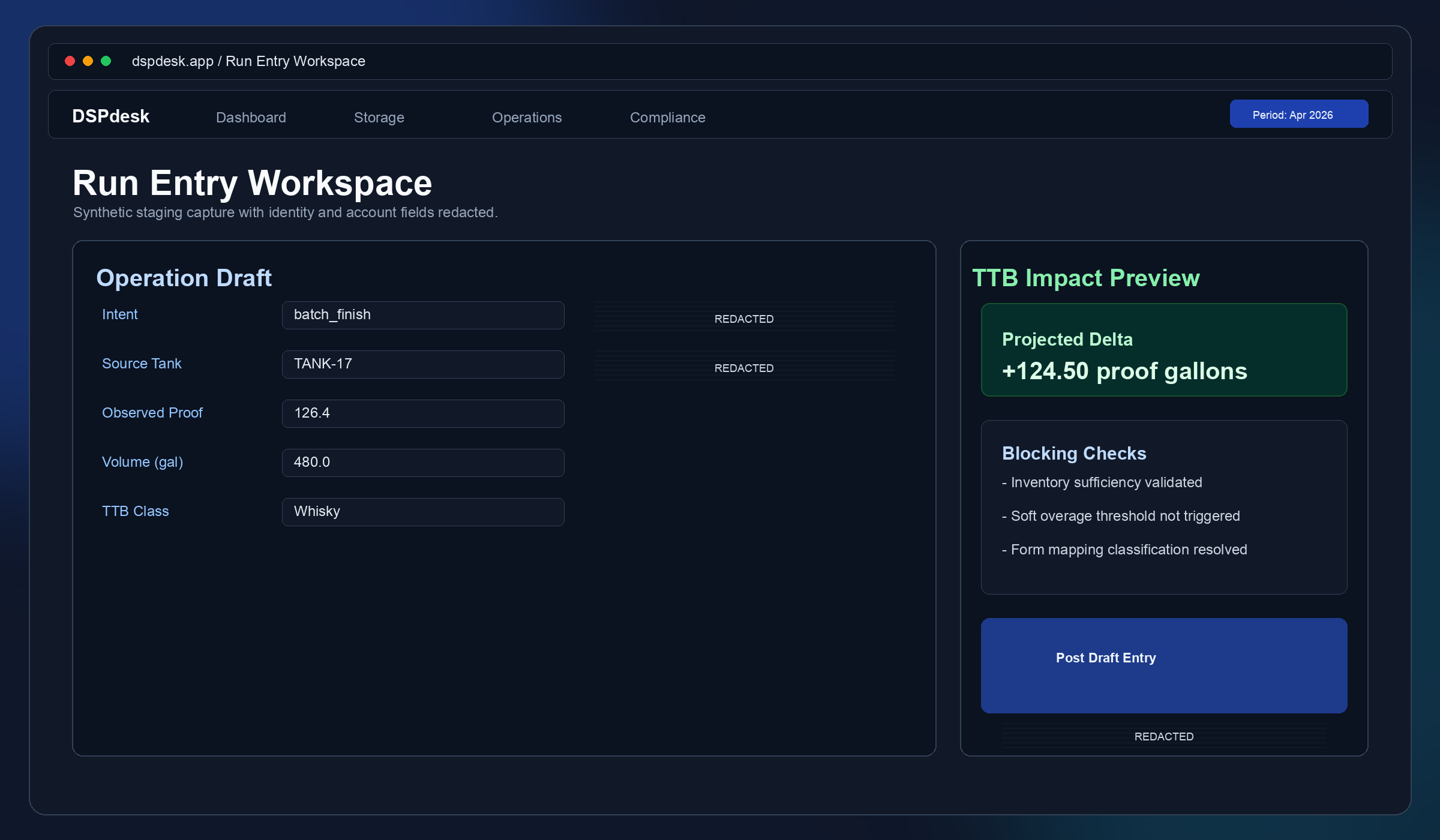 Run entry and compliance preview surface